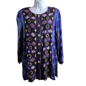 Vintage Ruth Norman Saks Fifth Avenue Womens Purple Tunic Top Size L Retro Flowy